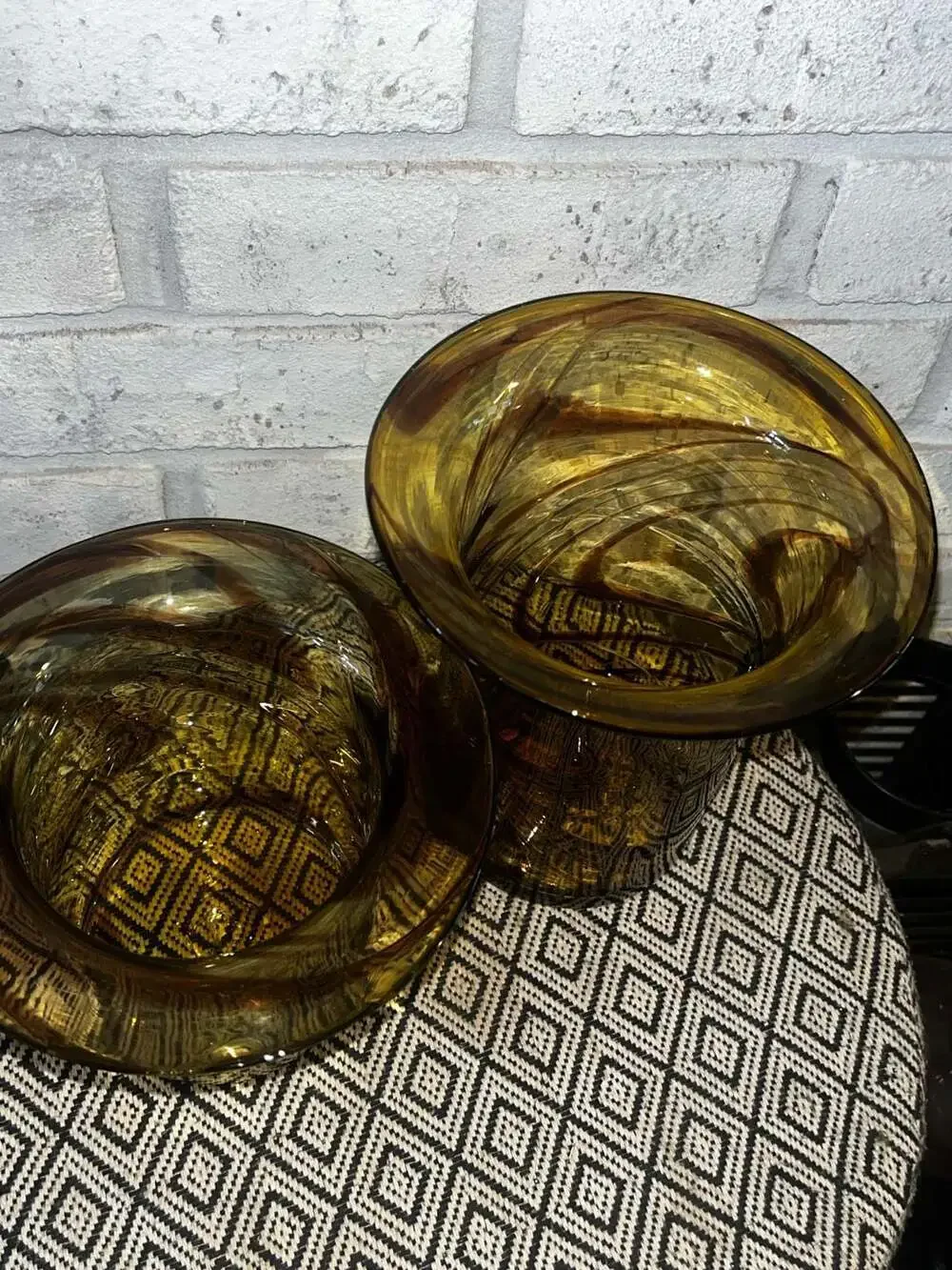 Vintage Hand Blown Art Glass Amber and Brown Swirl Tube Vase Set